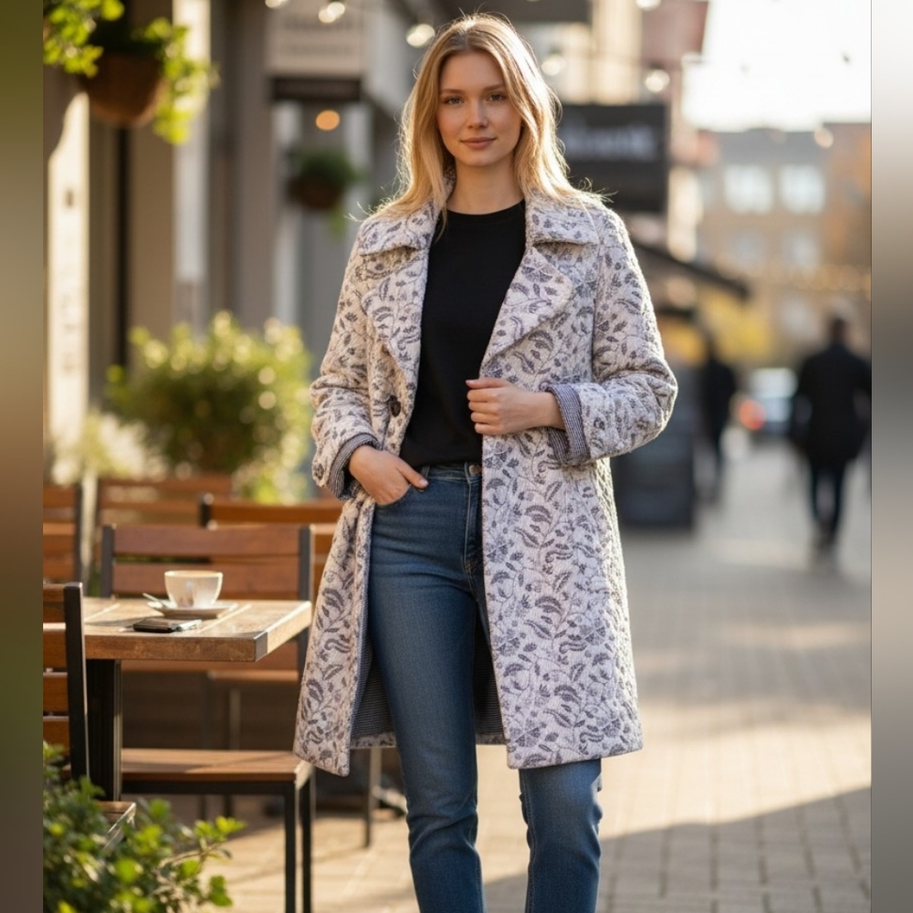 A La Fois Cotton/ Lana Wool Elegant Women's Silver and White  Coat
